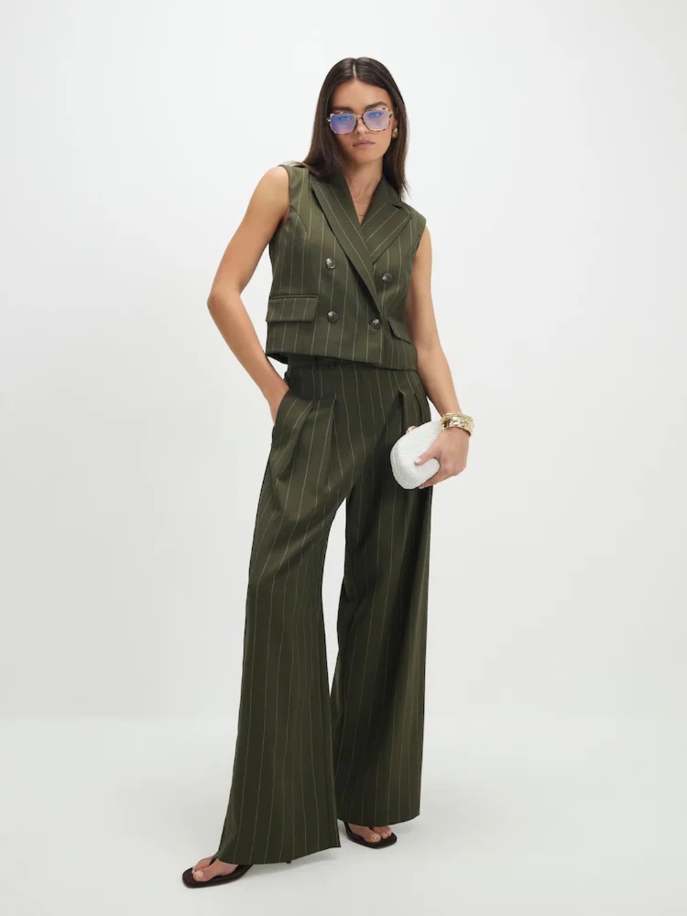 NWT River Island Green Sleeveless Boxy Pinstripe Waistcoat - Picture 2 of 8